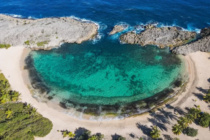An arial shot of the scenic beach Mar Chiquita in Manati, Puerto Rico