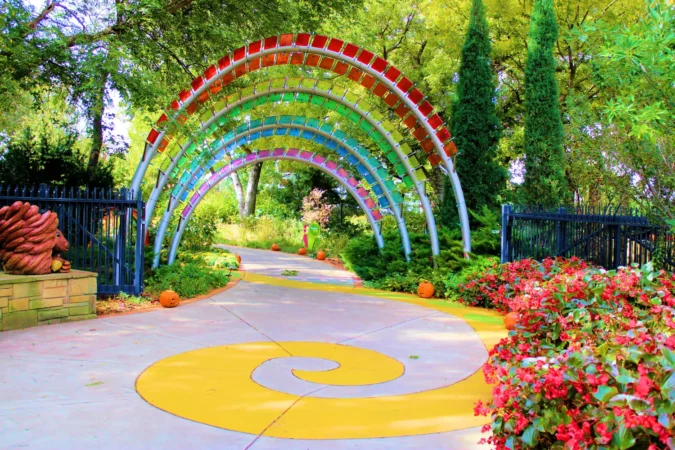 Yellow Brick Road on a path underneath a rainbow atrium taken at Botanica Gardens in Wichita, KS