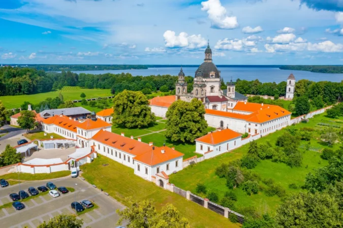 Panoramic view of Pazaislis Monastery and church in Kaunas, Lithuania.