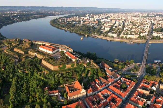 Panoramic aerial view of Petrovaradin Fortress, Danube river and Novi Sad in Serbia.