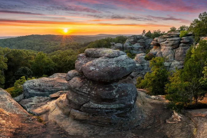 A colorful sunset over the sandstone hoodoo's at Shawnee National Forest's Garden of the Gods in Illinois.