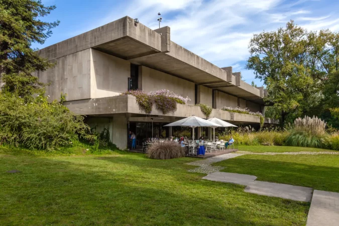 Cafeteria of the Calouste Gulbenkian foundation seen from the garden in Lisbon, Portugal