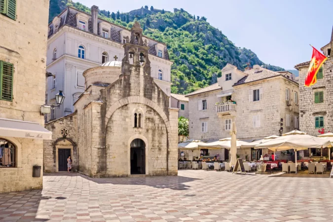 Saint Luke square with the St.Lukas one-nave church in Kotor, Montenegro