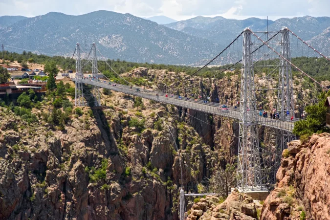 The Royal Gorge Bridge, one of the world's highest suspension bridges, crosses the canyon 956 feet above the Arkansas River