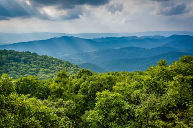 View of the Blue Ridge Mountains from Bearfence Mountain in Shenandoah National Park in Virginia, USA