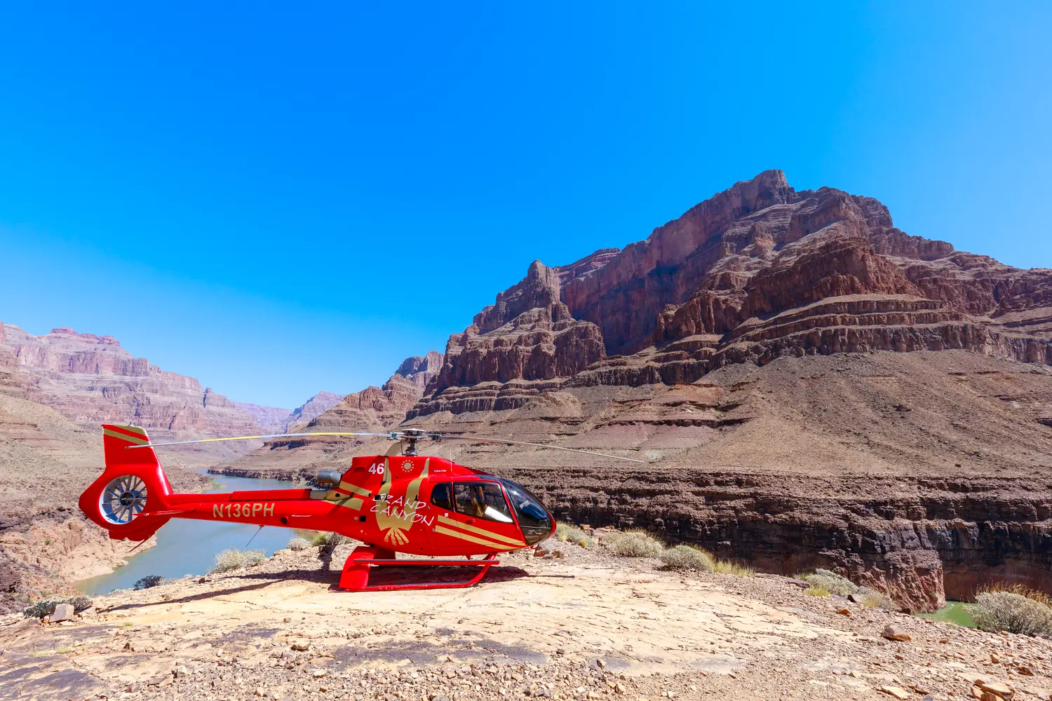 Helicopter parked near the bottom of the Grand Canyon