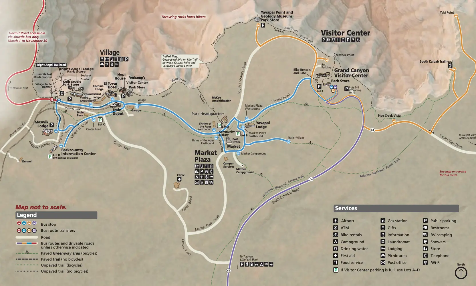Map of the shuttle routes in the Grand Canyon National Park