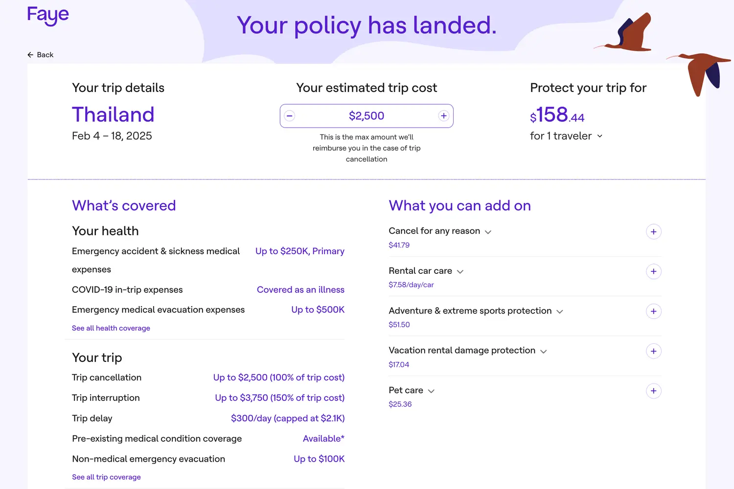 Faye travel insurance example quote