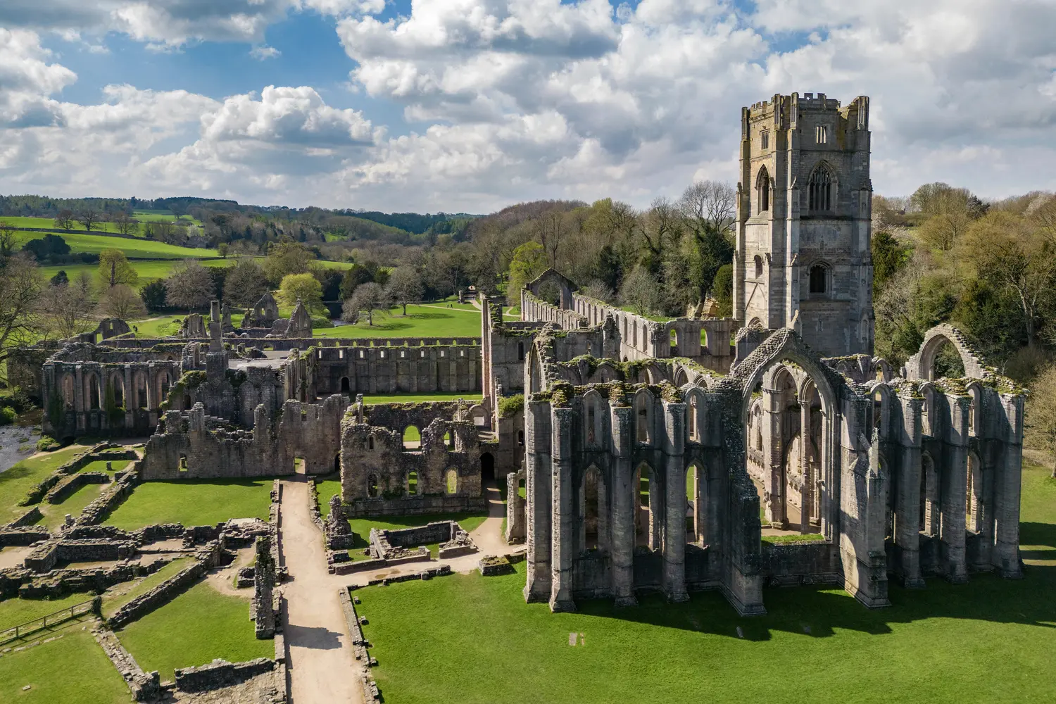 Aerial view of the ruins of Fountains Abbey near Ripon in North Yorkshire in the northeast of England.