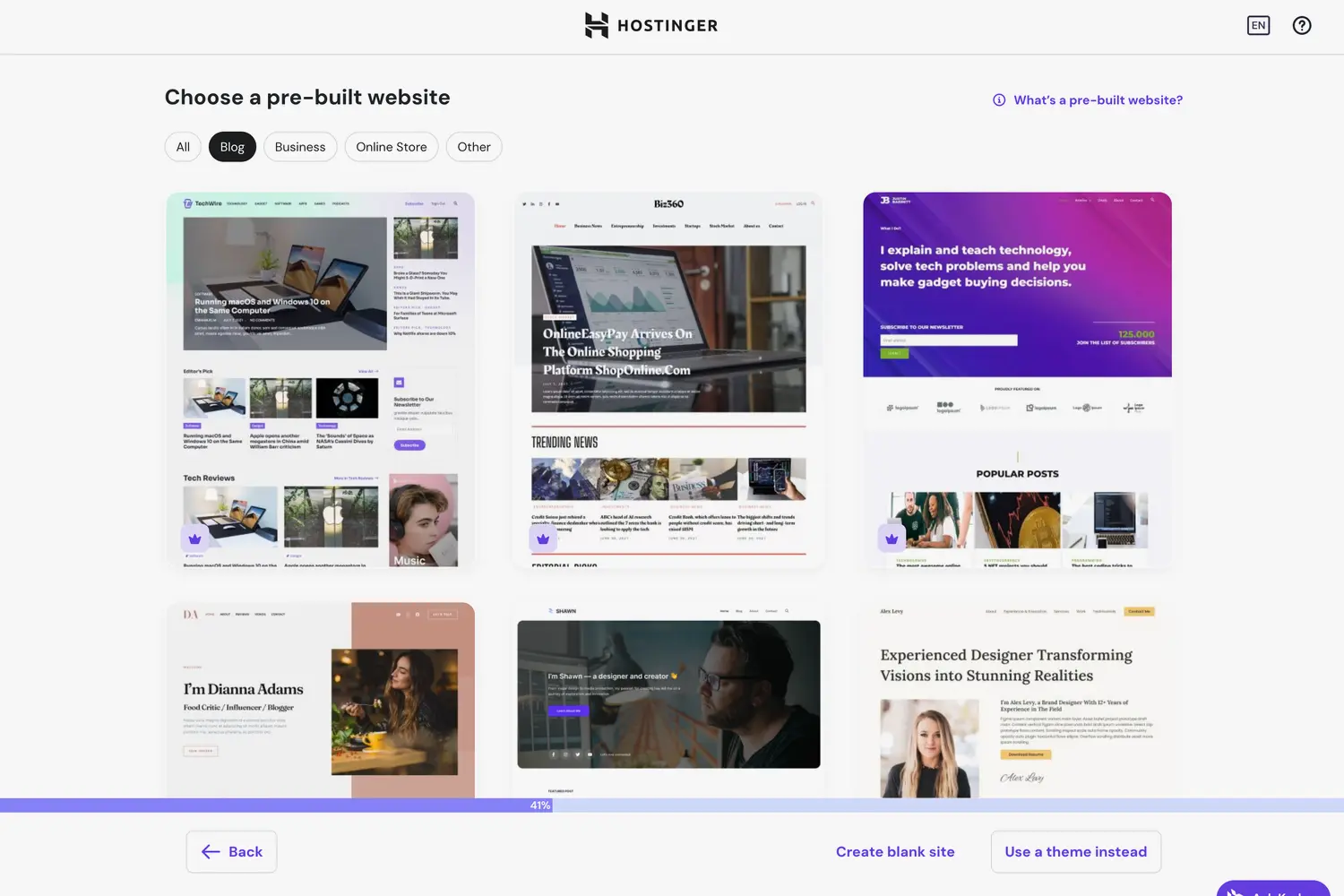 Hostinger Choose a pre-built website page