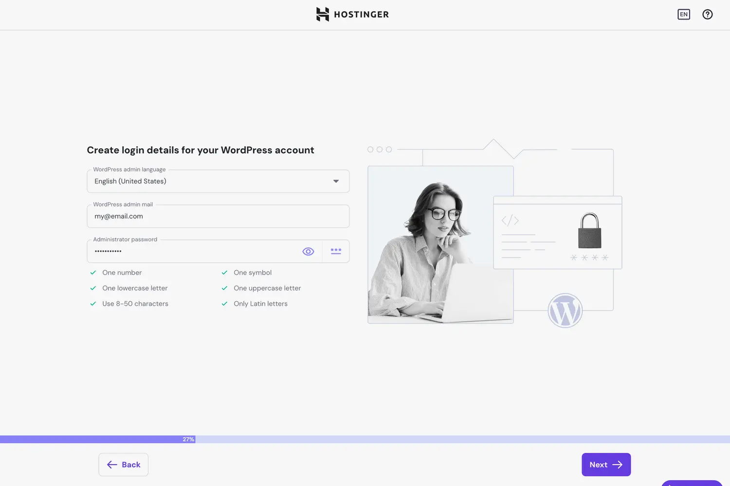 Hostinger WordPress login details page