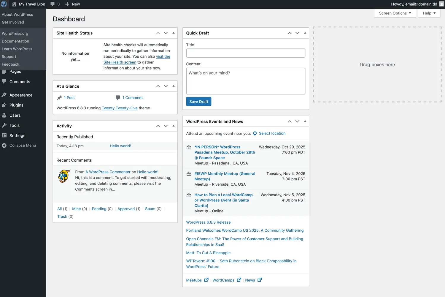WordPress dashboard