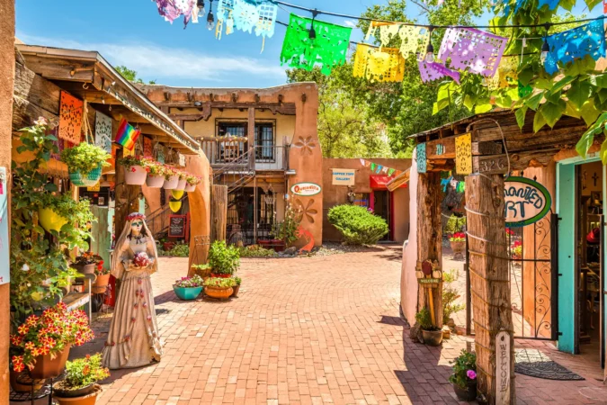 Town shops and restaurants in historic Albuquerque.