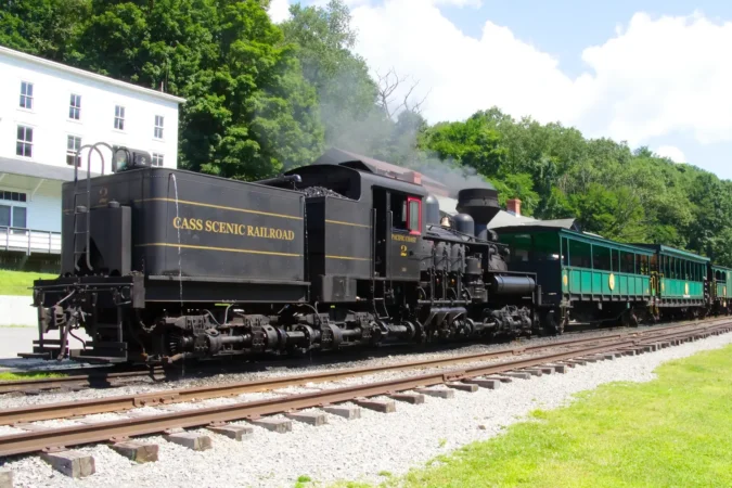 The Shay engine and cars of the Cass Scenic Railroad in the Cass Scenic Railroad State Park