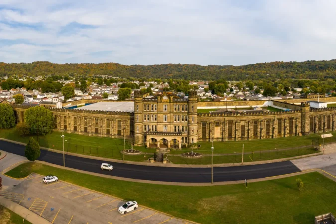 Aerial panorama of the West Virginia State Penitentiary in Moundsville, WV