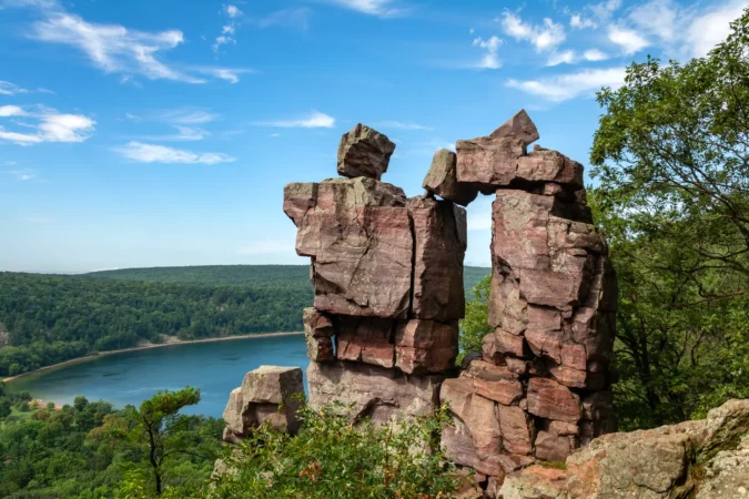 Devils Doorway rock formation overlooking Devils Lake at Devils Lake State Park in Wisconsin.