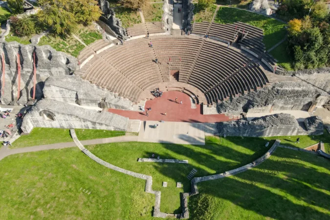 Drone view at the Roman amphitheater of Augusta Raurica in Switzerland