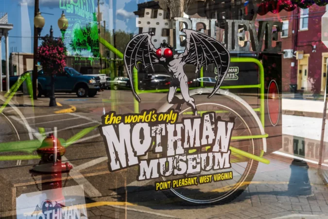 Front window of the Mothman Museum in Point Pleasant, WV