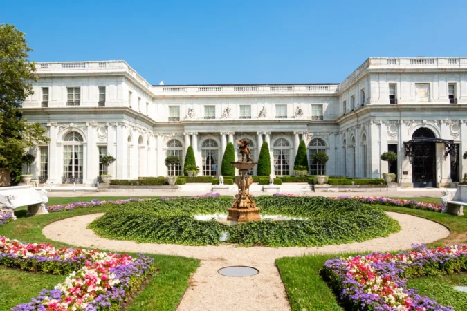 Exterior view of historic Rosecliff Mansion in Rhode Island, USA