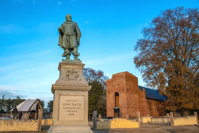 A statue for Captain John Smith, Governor of Virginia, at the Jamestown historical settlement in Virginia