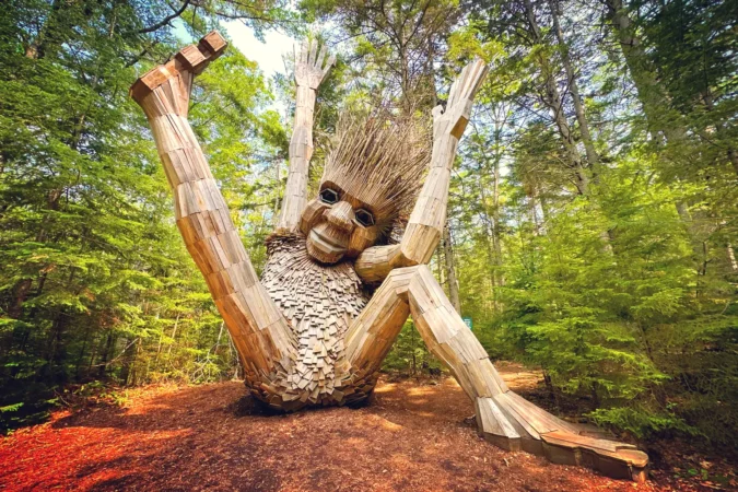 Famous Giant Wooden Trolls at Coastal Maine Botanical Gardens in Boothbay, Maine USA