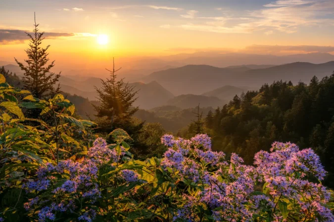 Scenic summer sunset over wild aster flowers in the Great Smoky Mountains