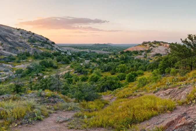 Twilight Panorama of Enchanted Rock Landscape from Turkey Peak - Fredericksburg Texas Hill Country