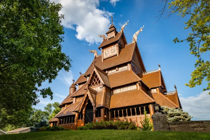 The Gol Stave Church Museum, a meticulous replica located in Minot's Scandinavian Heritage Park in North Dakota