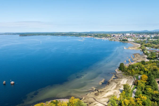 Aerial view of Burlington, Vermont with Lake Champlain